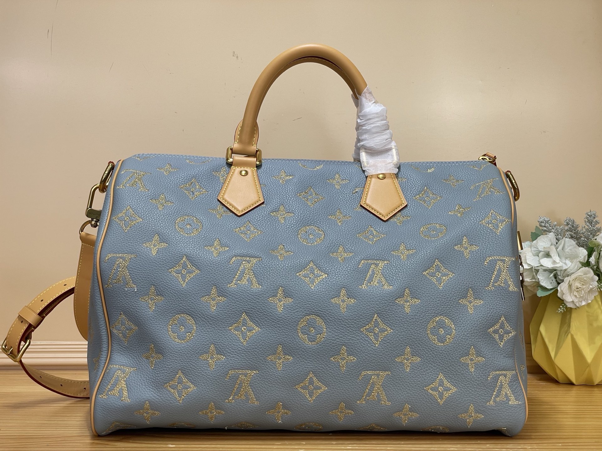 LV高仿藍色刺繡Monogram Speedy旅行包 手提斜背兩用包