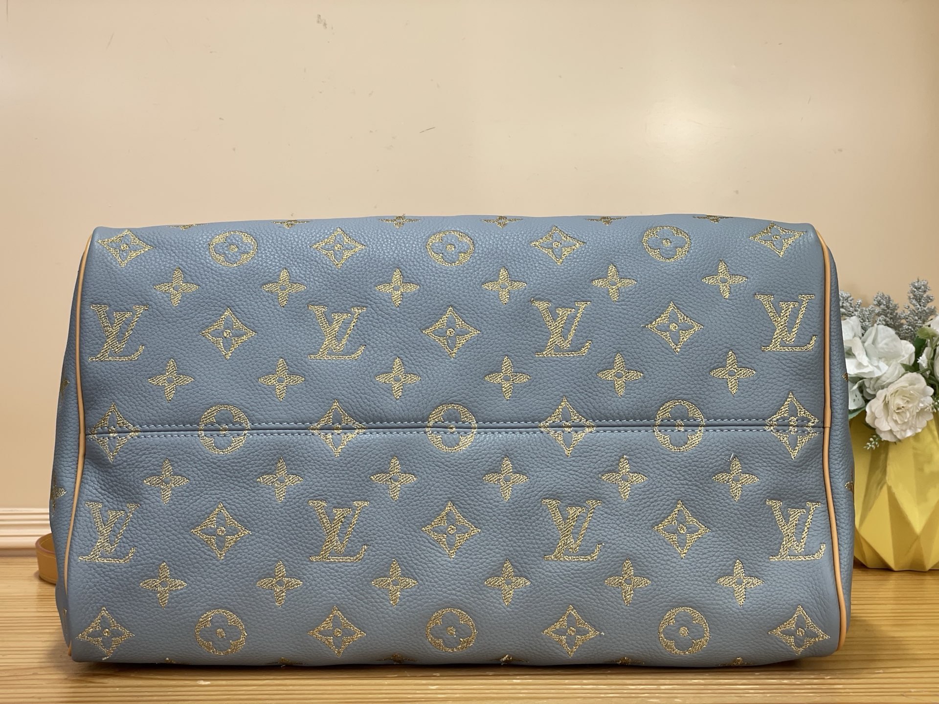 LV高仿藍色刺繡Monogram Speedy旅行包 手提斜背兩用包