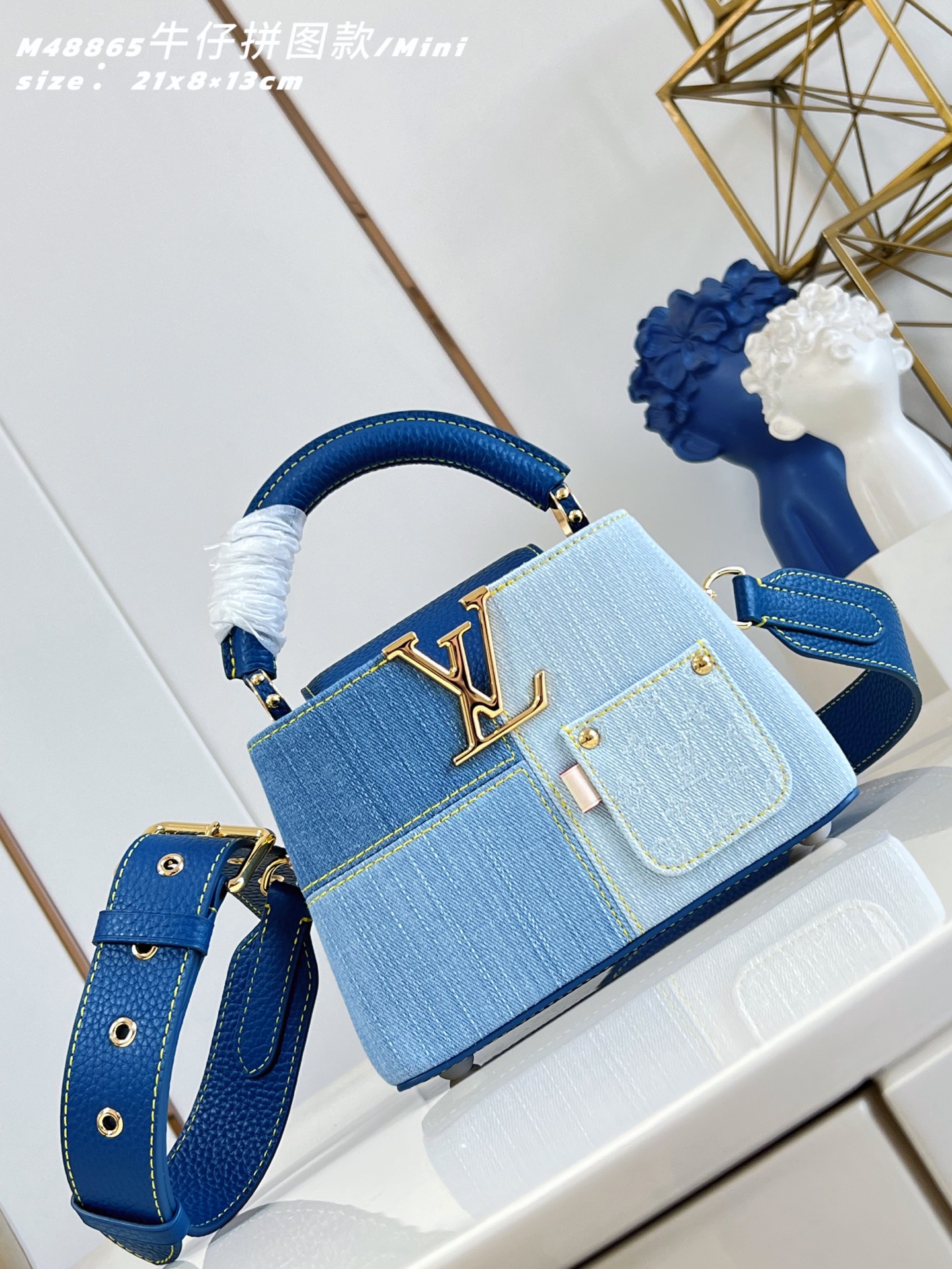 LV 高仿 Capucines Mini 牛仔拼接手提包 斜背女包