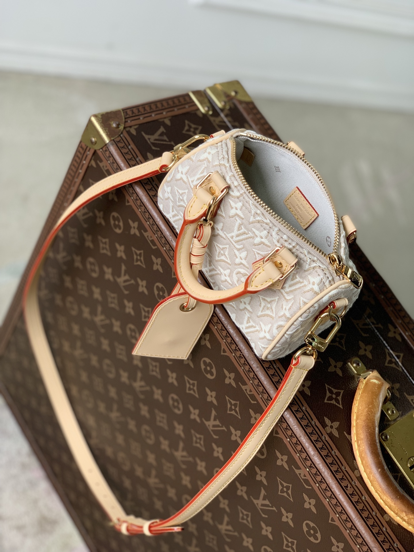 LV 高仿Speedy迷你包 一比一白色老花手提斜背包