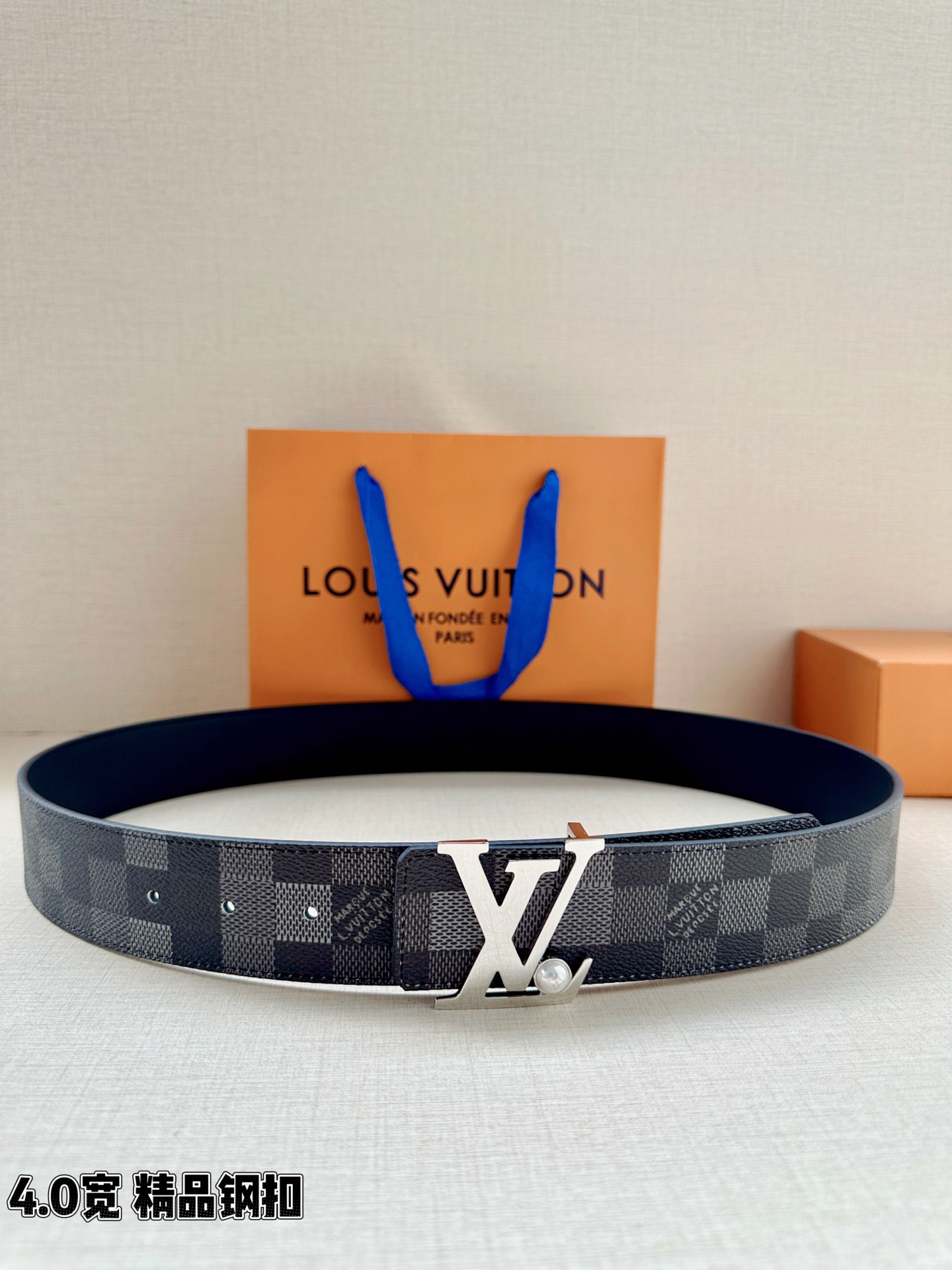 LV 原單男款 Damier Graphite 珍珠LV扣頭皮帶 商務時尚款