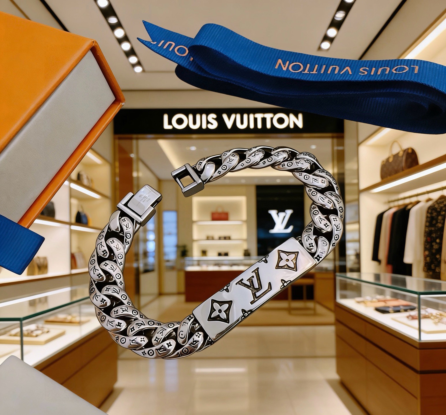 LV高仿链条手链银色金属手环潮流男士百搭饰品