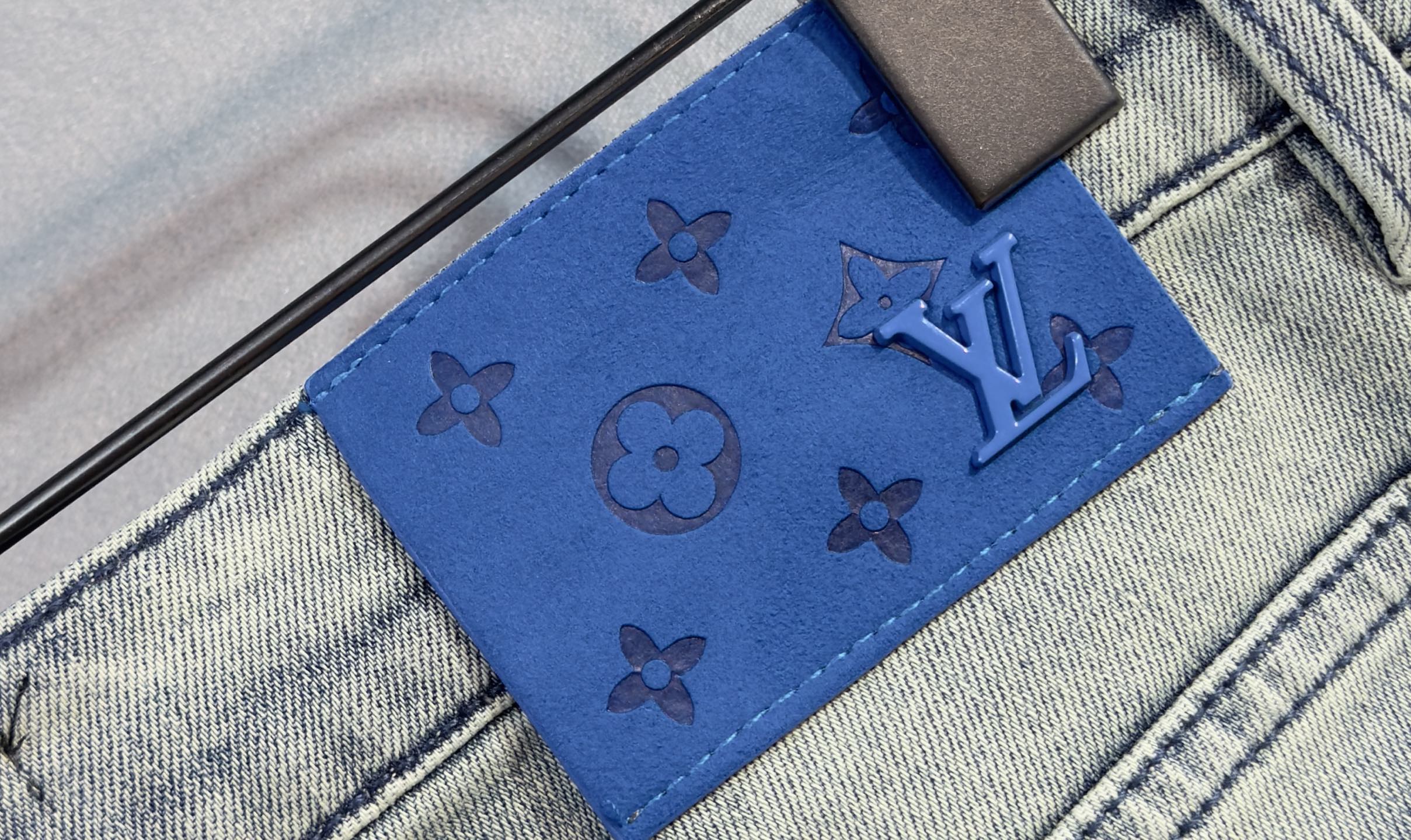 LV一比一男士牛仔褲藍色貼布刺繡休閒款