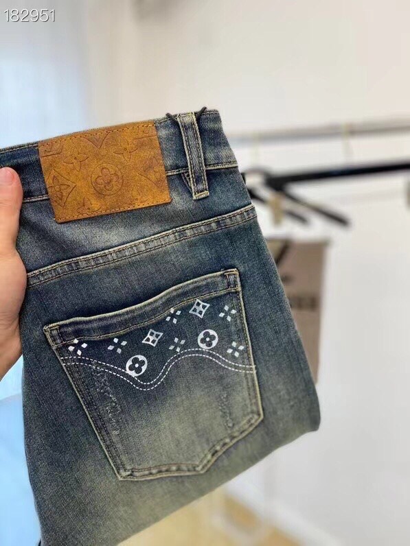 LV A貨男士牛仔長褲白色老花口袋復古刷色款