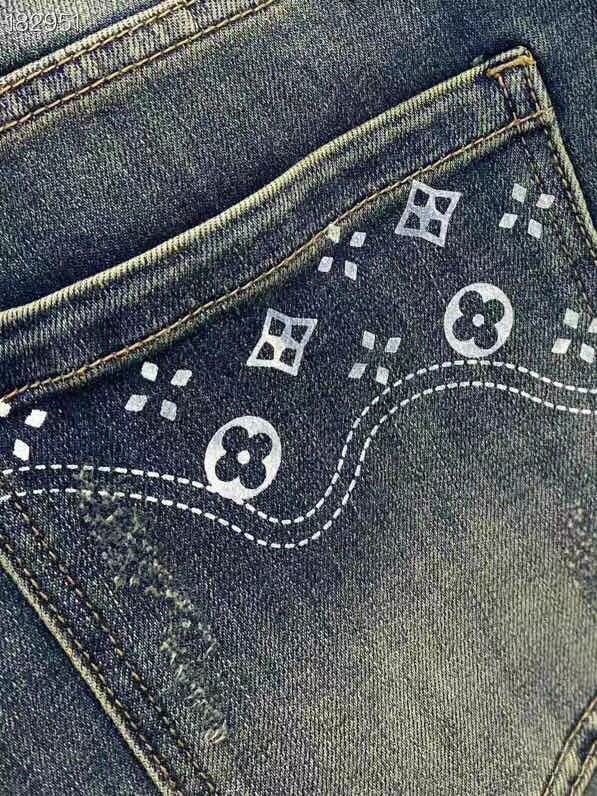 LV A貨男士牛仔長褲白色老花口袋復古刷色款