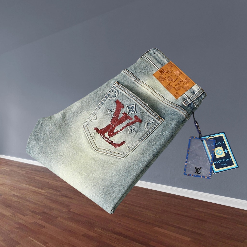 LV原單男士牛仔褲紅色塗鴉LOGO口袋潮流款