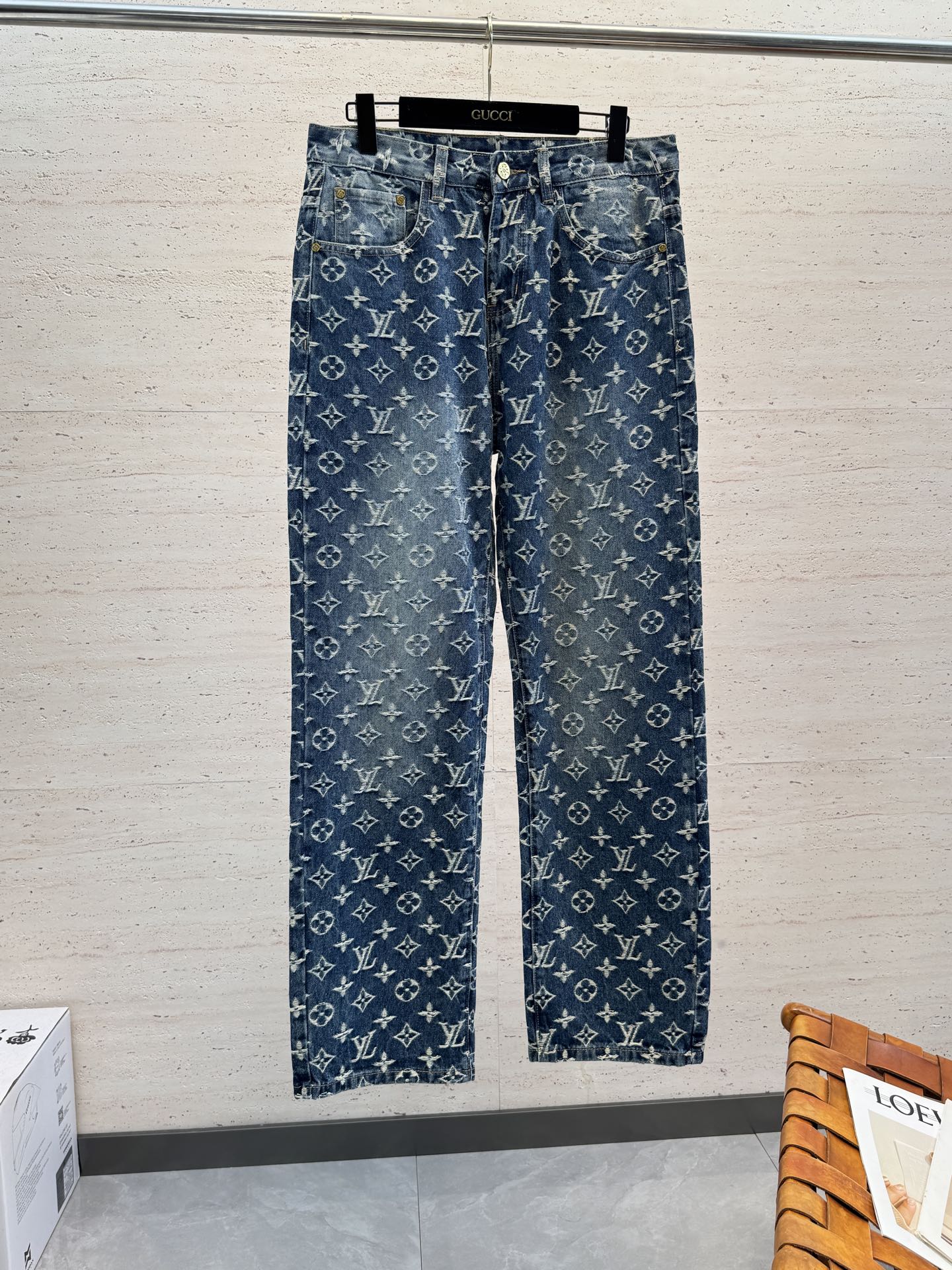 LV A貨男士牛仔褲滿版老花LOGO復古潮流款