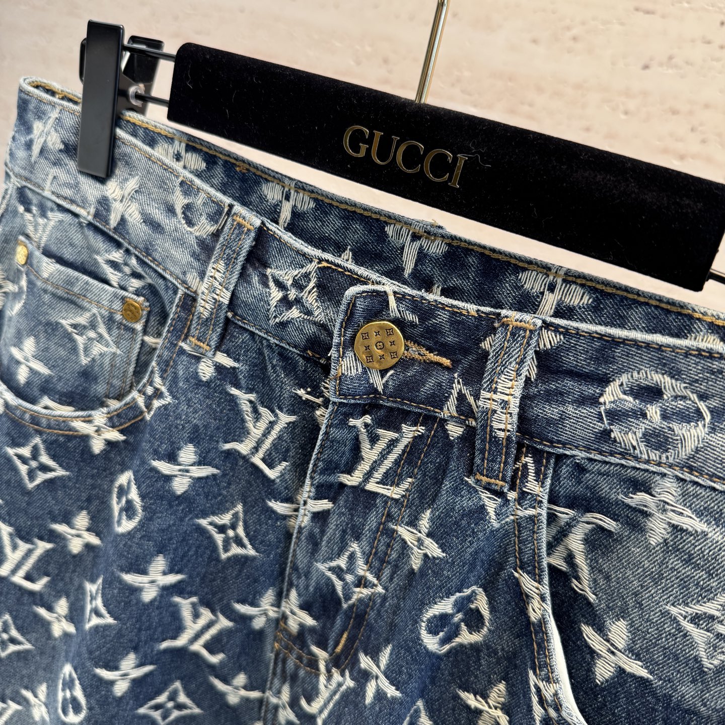 LV A貨男士牛仔褲滿版老花LOGO復古潮流款