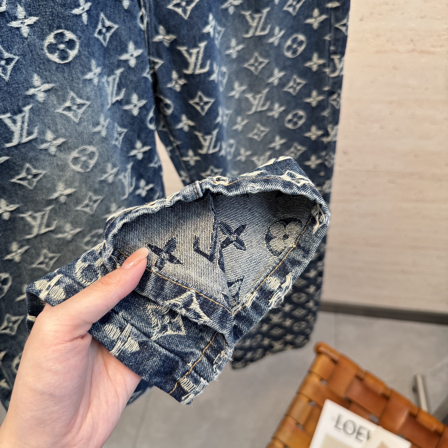 LV A貨男士牛仔褲滿版老花LOGO復古潮流款