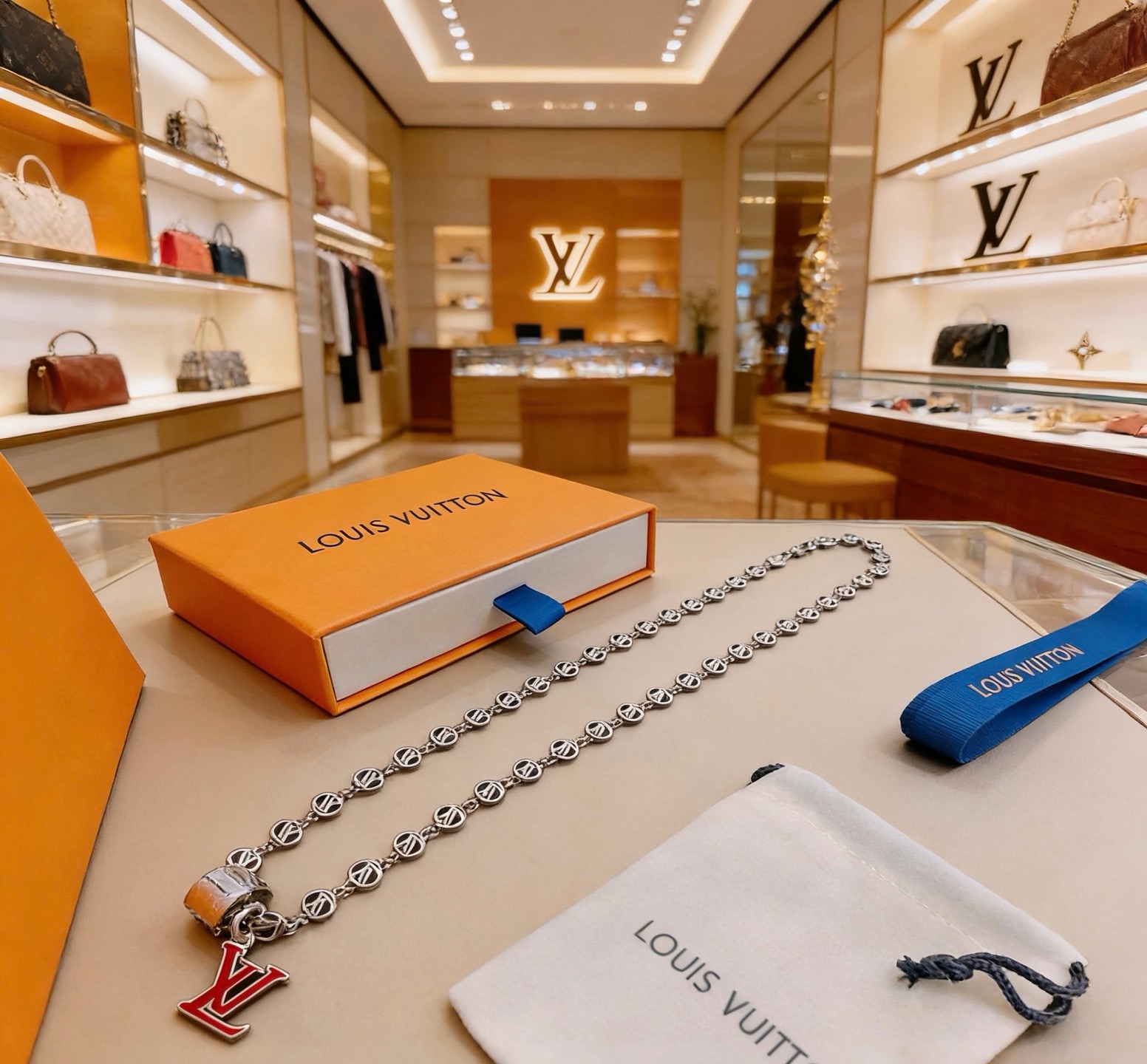 LV一比一项链红色吊坠时尚设计金属链条高级复刻饰品