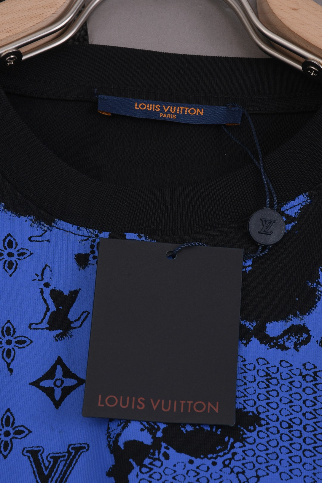 LV A貨男款藍黑拼接Monogram短袖T恤 潮流街頭款