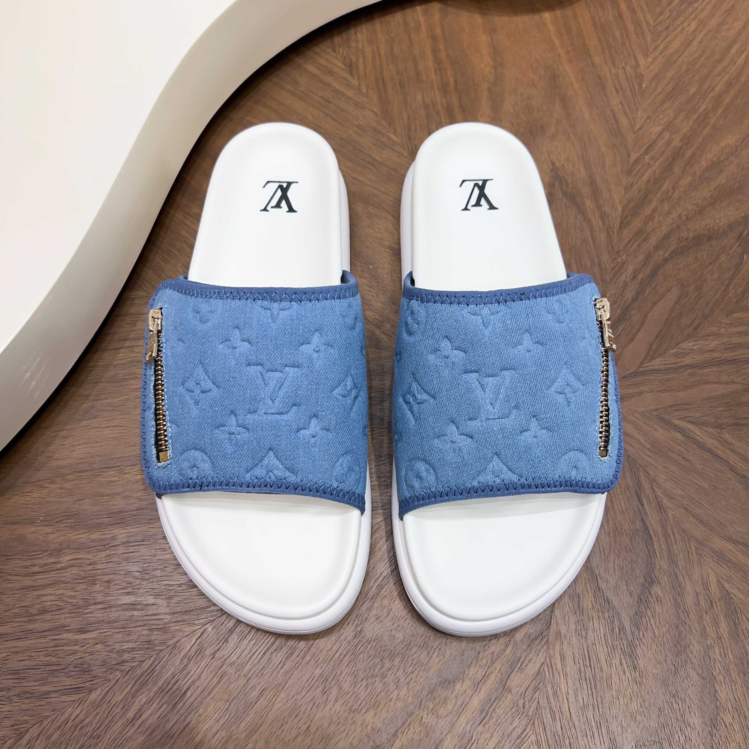 LV 一比一 男款 牛仔布Monogram拖鞋 拉鍊設計款