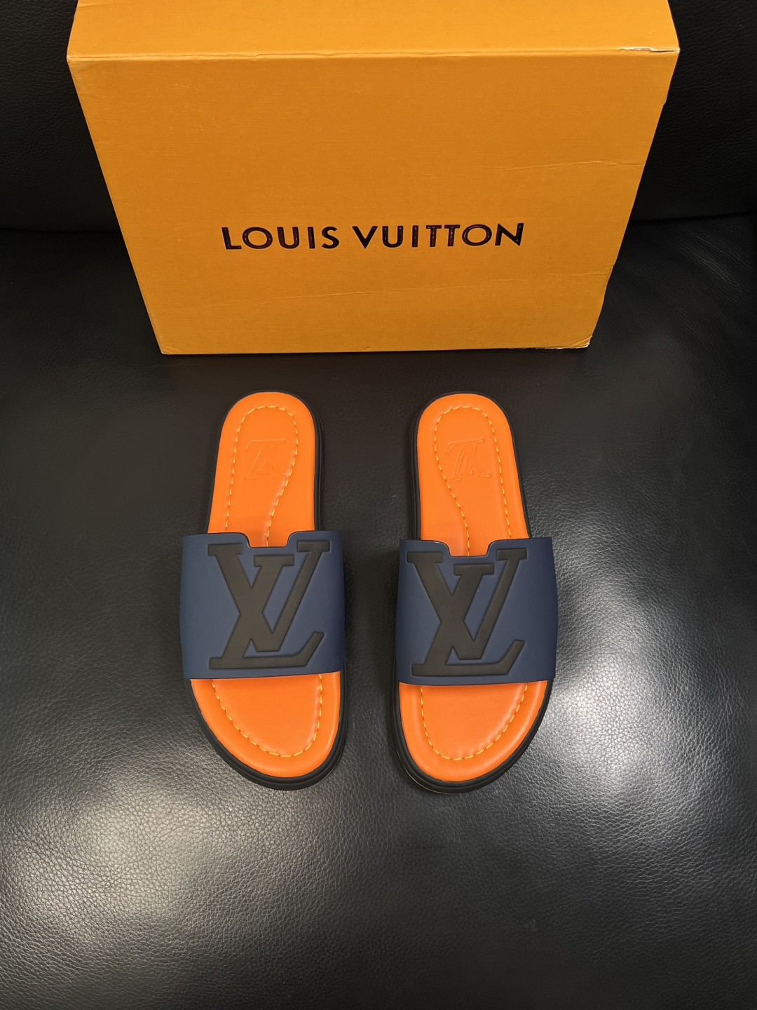LV 一比一 男款 拖鞋 藍橘拼色 大Logo設計 夏季潮流款