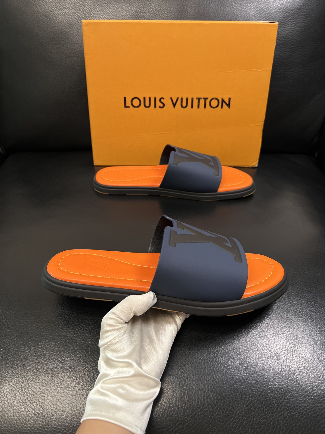 LV 一比一 男款 拖鞋 藍橘拼色 大Logo設計 夏季潮流款