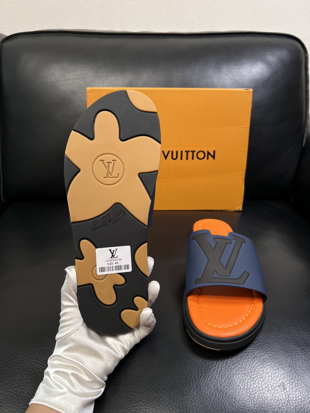 LV 一比一 男款 拖鞋 藍橘拼色 大Logo設計 夏季潮流款