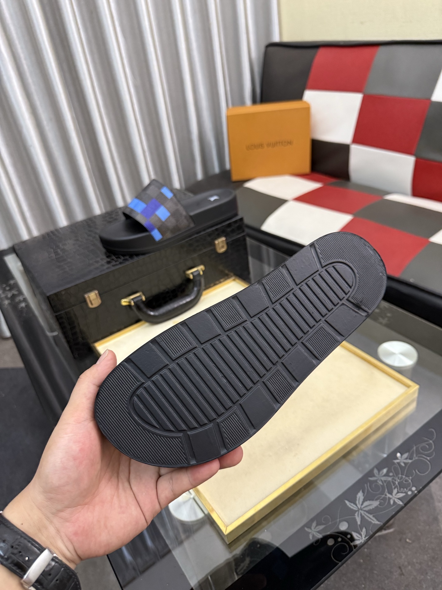 LV 復刻 男款拖鞋 深藍拼接設計 輕奢休閒款