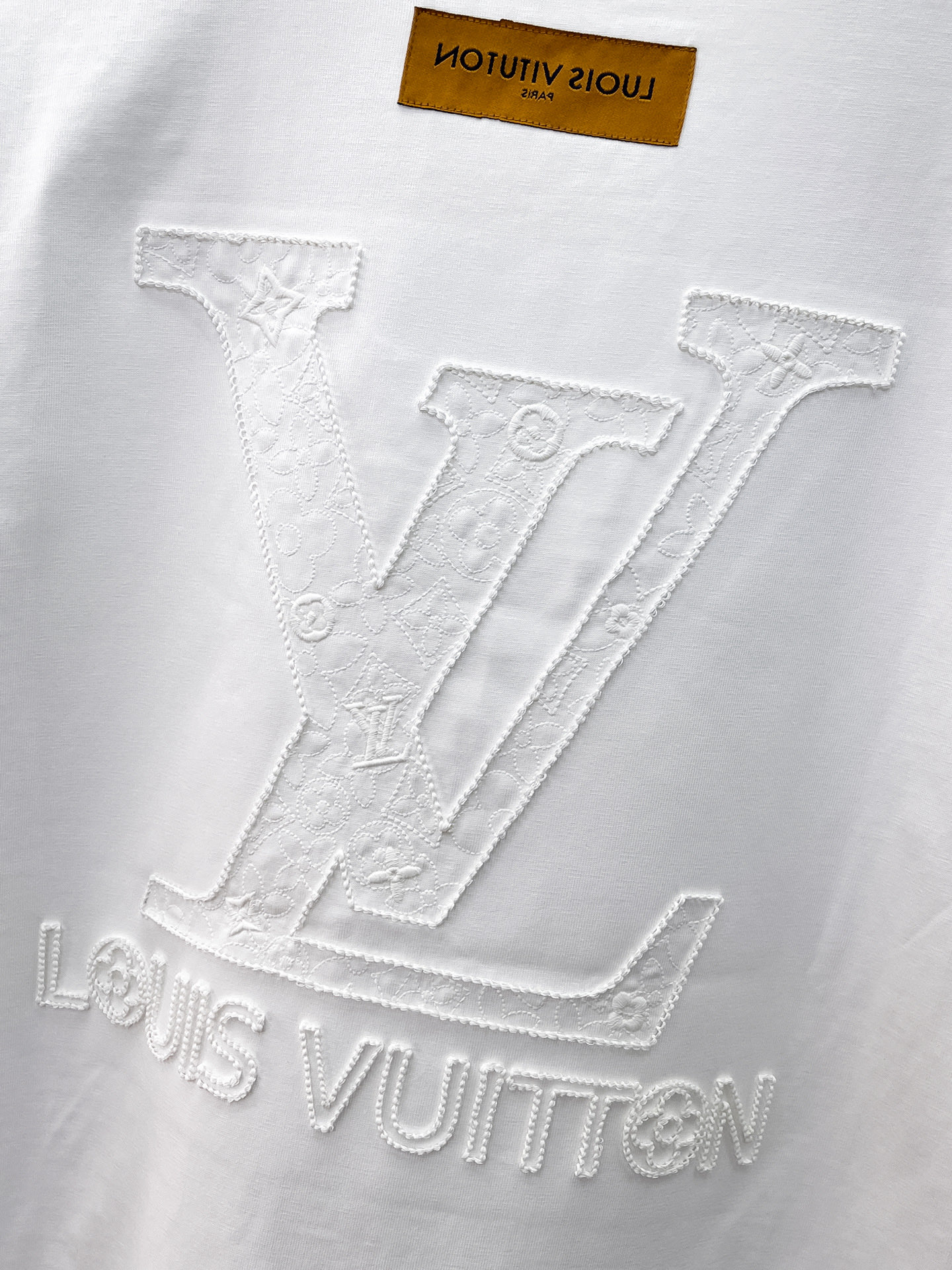 LV路易威登高仿短袖T恤 白色立體大LOGO壓紋簡約百搭男士上衣