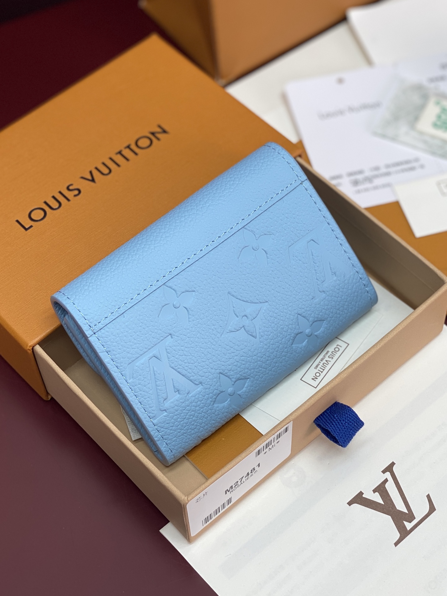 LV A貨短夾 藍色壓紋翻蓋錢包 女士精緻款