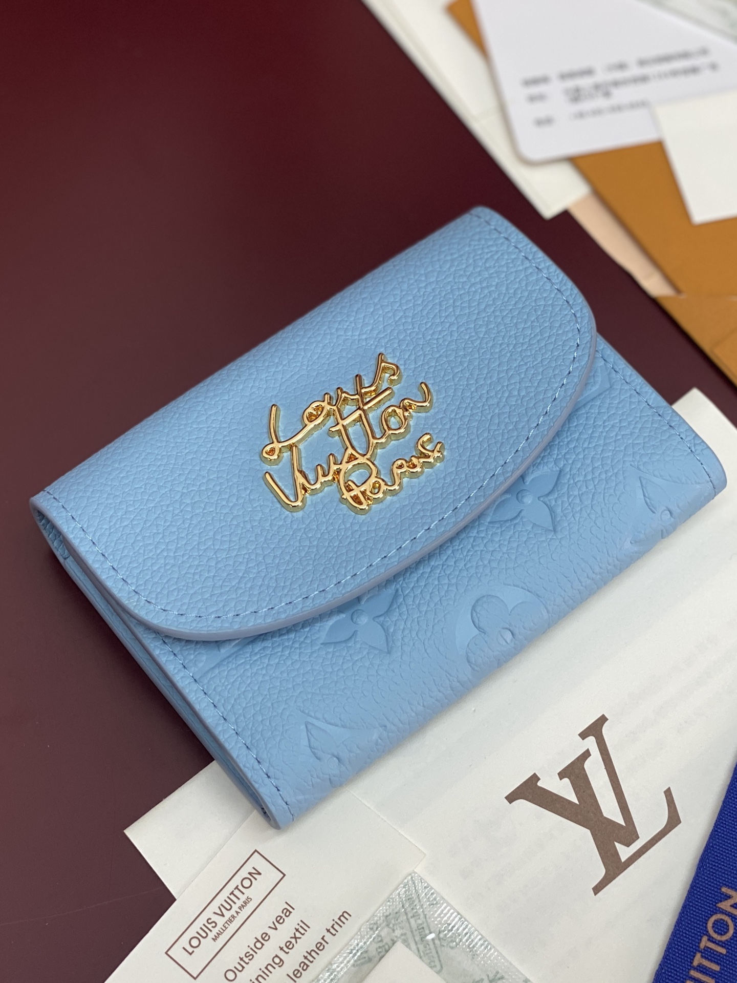 LV A貨短夾 藍色壓紋翻蓋錢包 女士精緻款