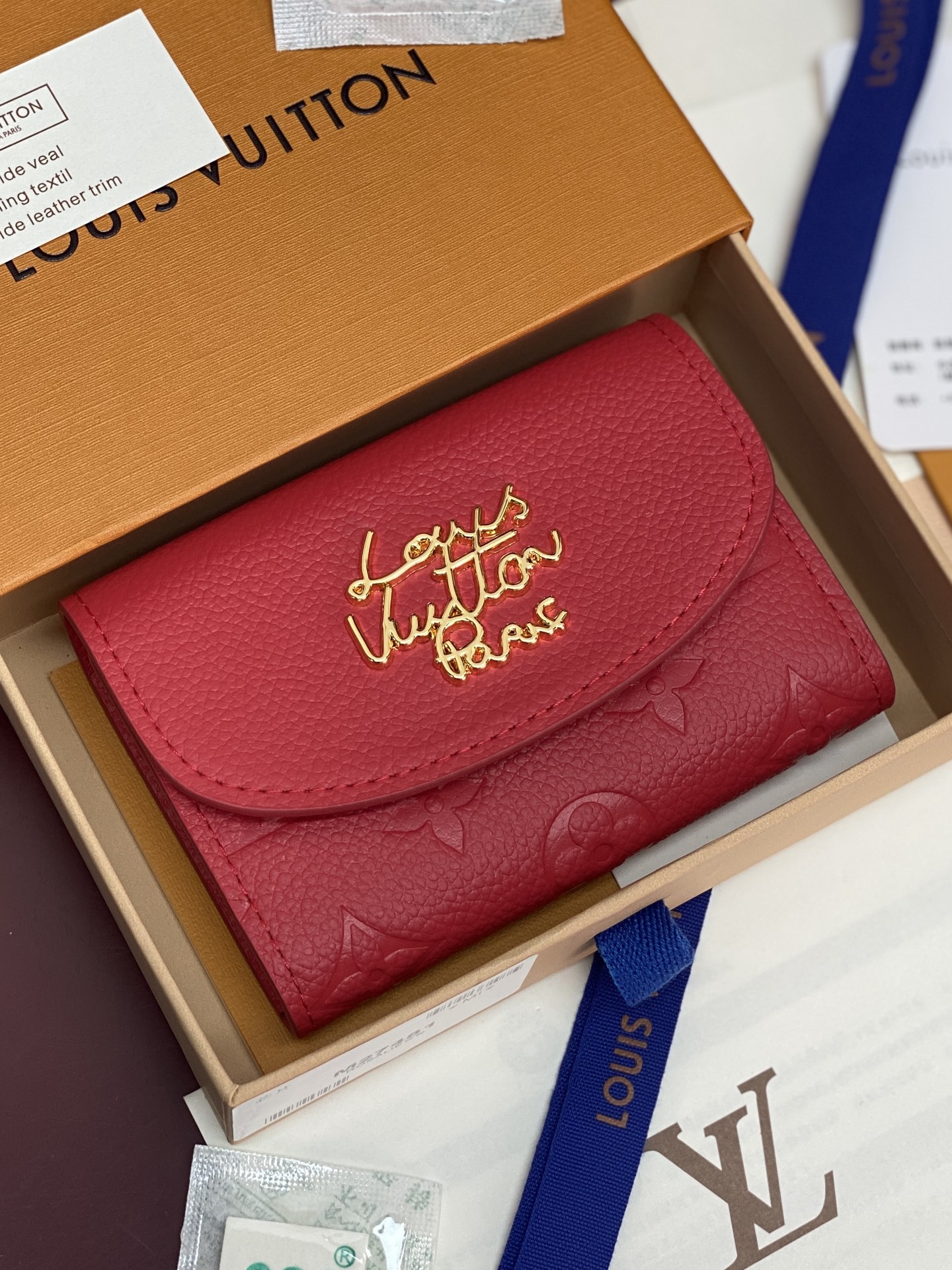 LV A貨短夾 紅色壓紋拉鏈零錢包 女士款