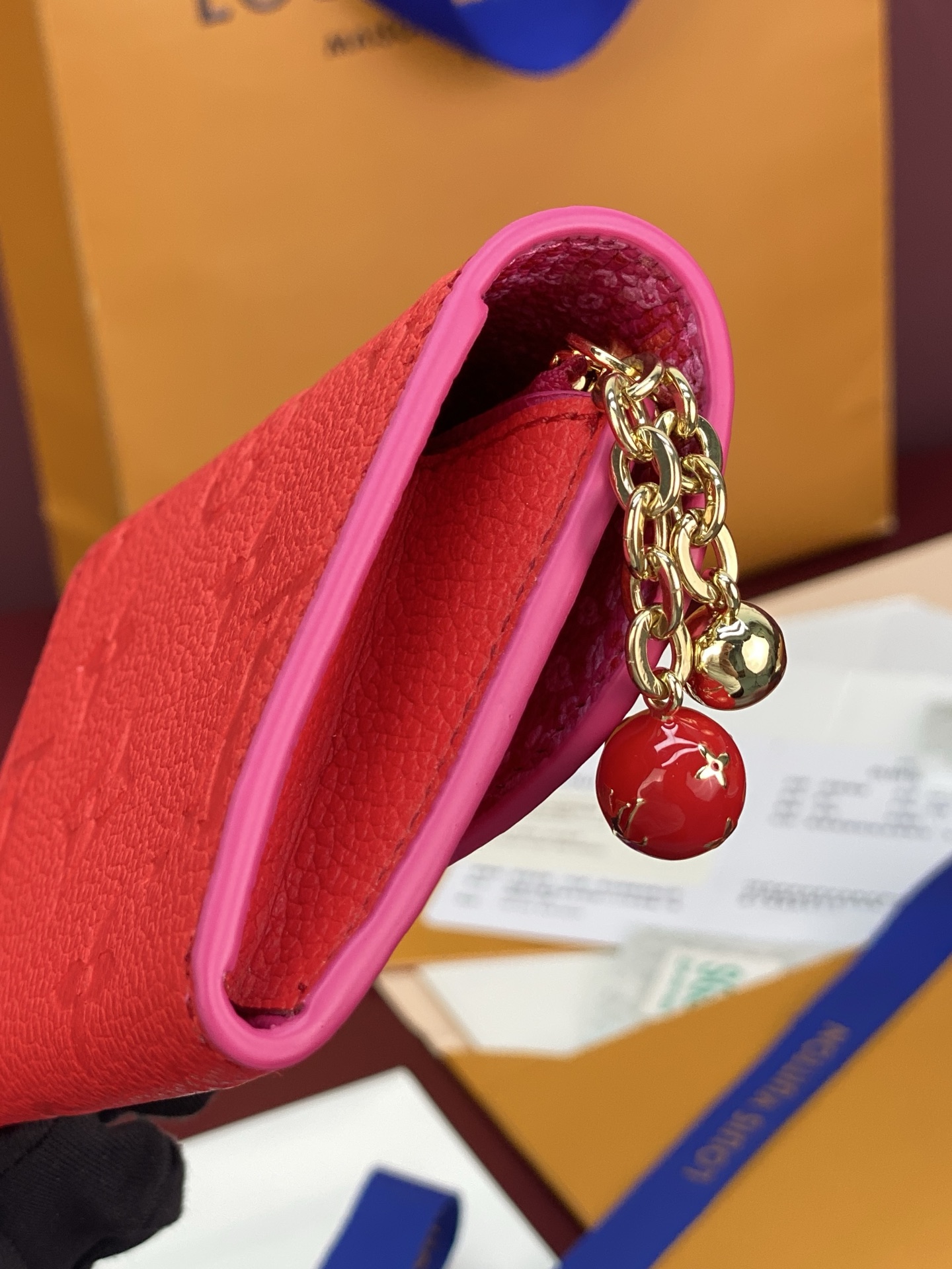LV A貨長夾 拉鏈壓紋牛皮錢包 紅色大容量款