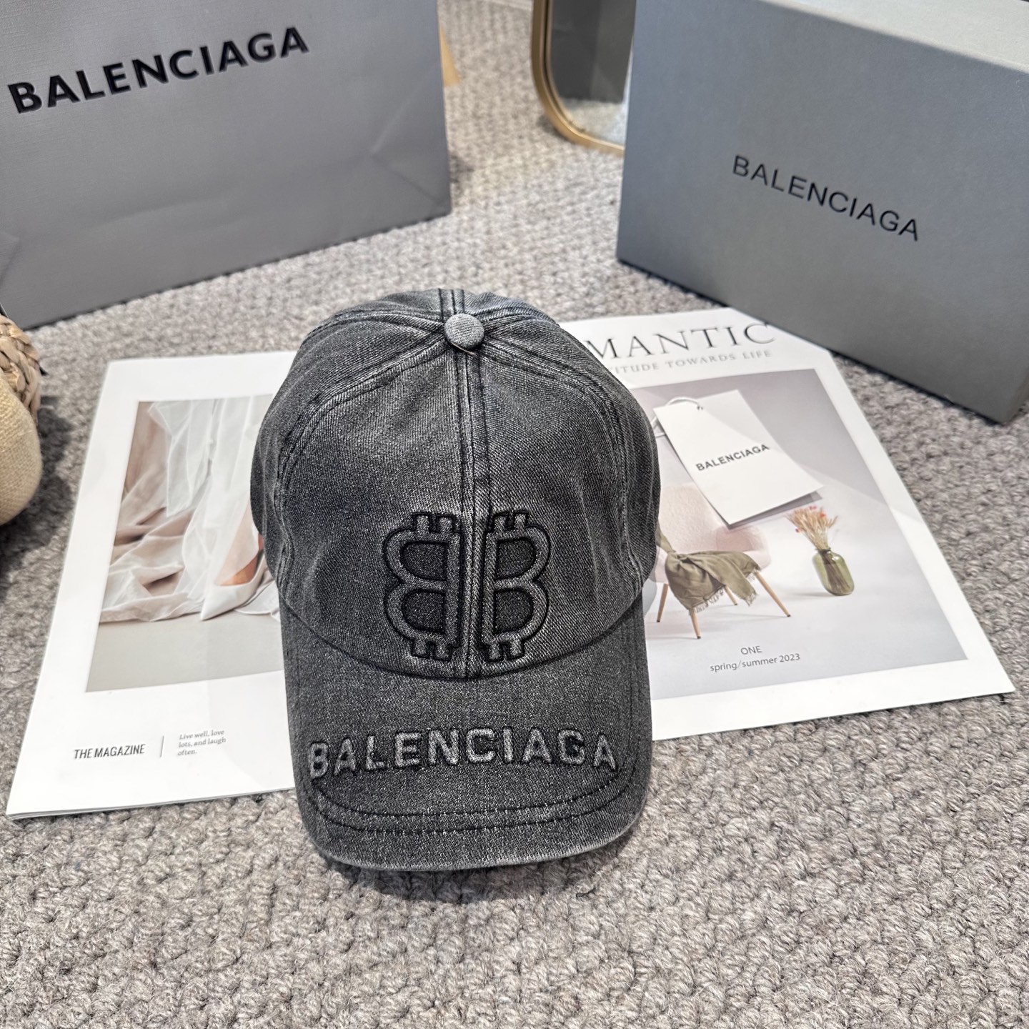 Balenciaga一比一男女款BB刺繡牛仔灰棒球帽復古潮流款