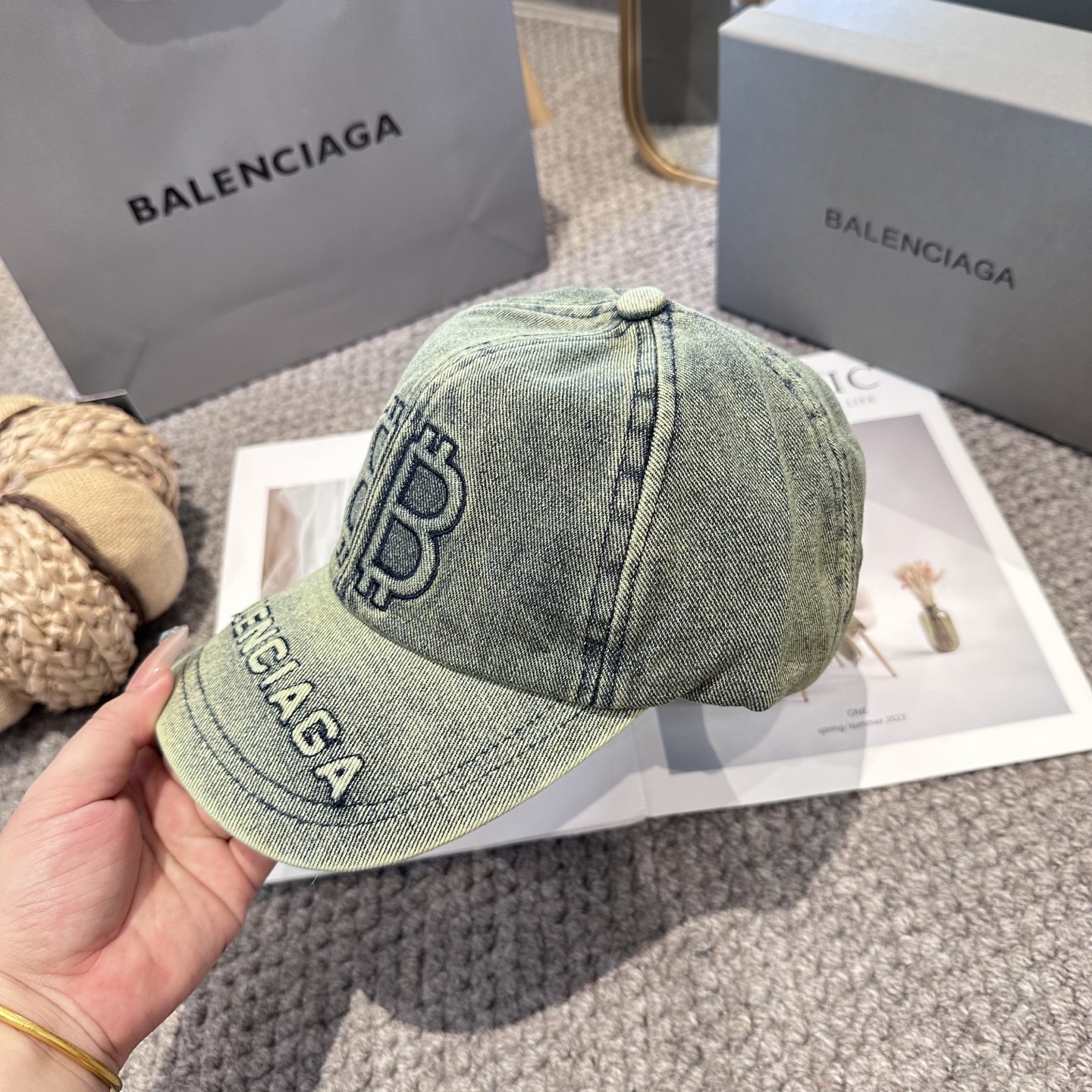 Balenciaga原單男女款BB刺繡軍綠復古棒球帽潮流百搭款| 9 Balenciaga原單男女款BB刺繡軍綠復古棒球帽潮流百搭款