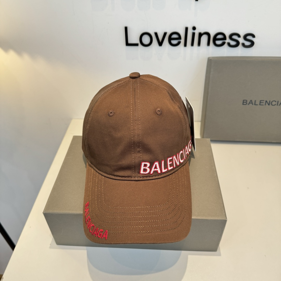 Balenciaga原单男女款刺绣Logo棒球帽棕色红字复古潮流帽