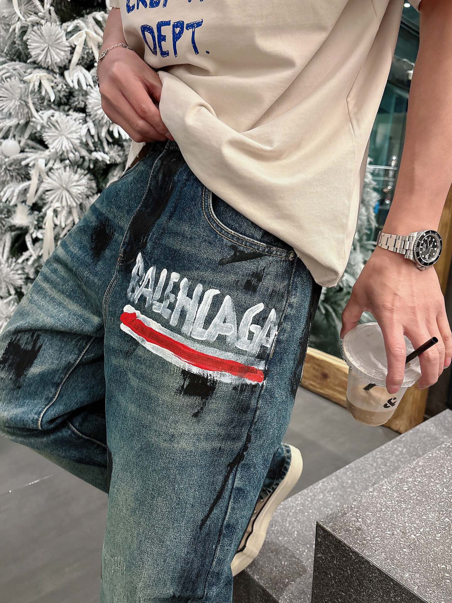 Balenciaga高仿男士牛仔長褲潑墨刷色設計街頭寬鬆潮流款