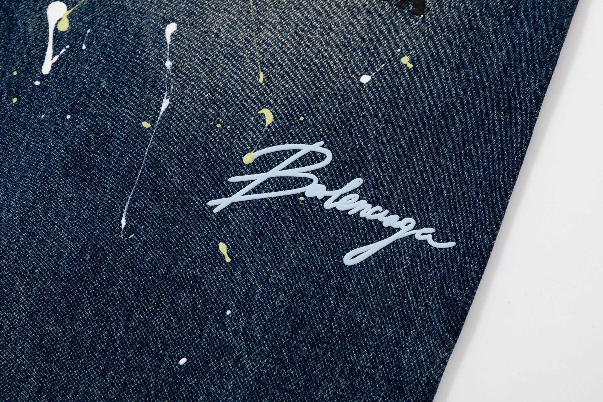 Balenciaga高仿男士牛仔長褲滿版logo潑墨設計街頭潮流寬鬆款