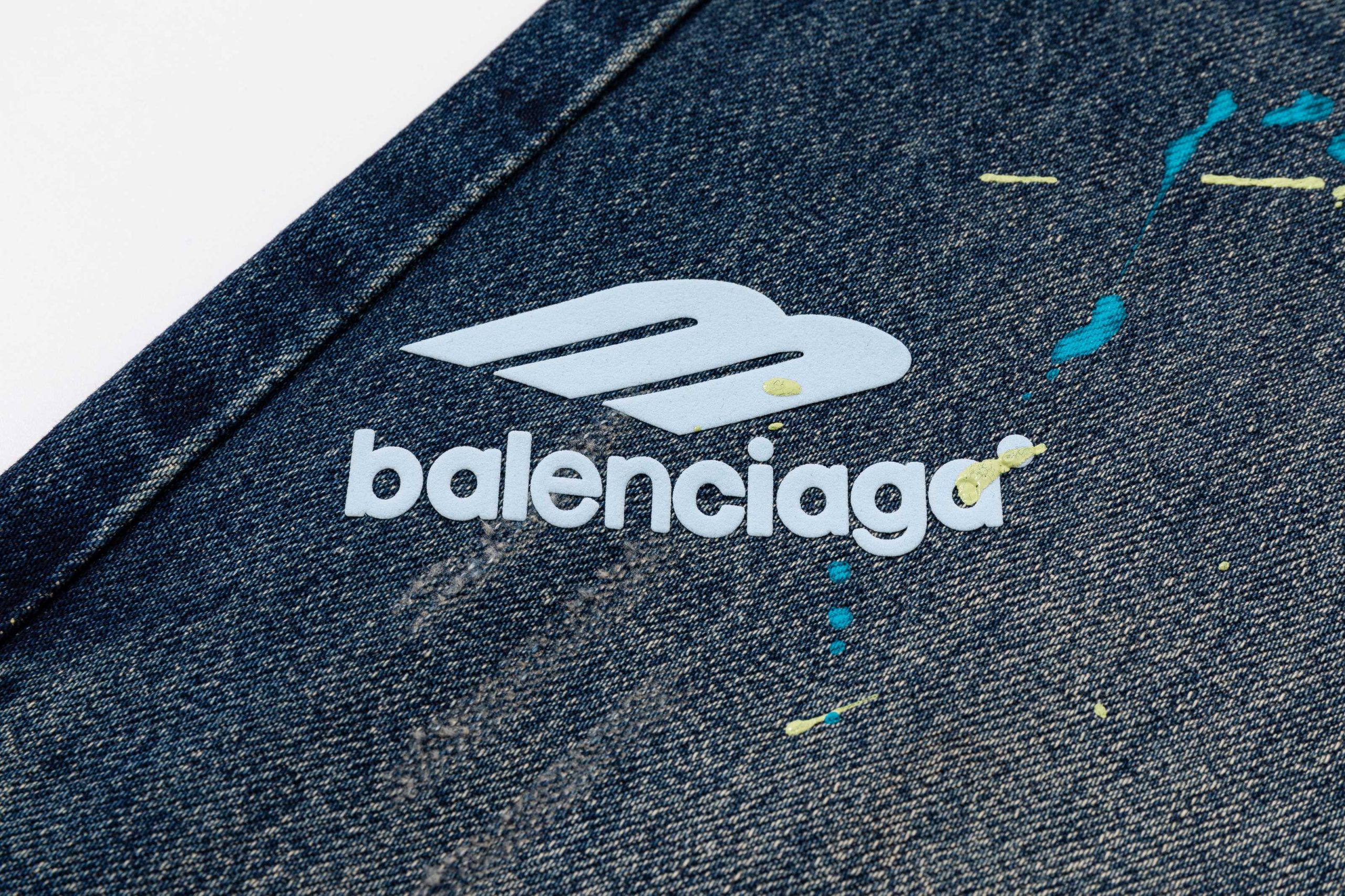 Balenciaga高仿男士牛仔長褲滿版logo潑墨設計街頭潮流寬鬆款