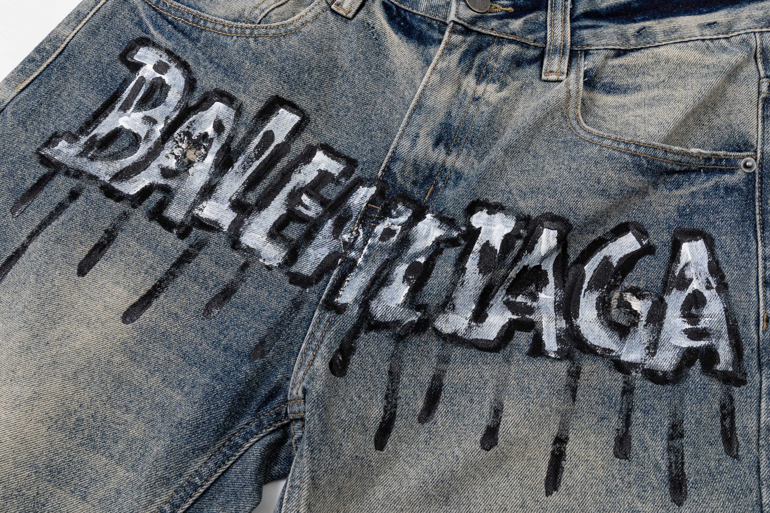 Balenciaga原單男士牛仔長褲滴墨字母設計復古刷色街頭款