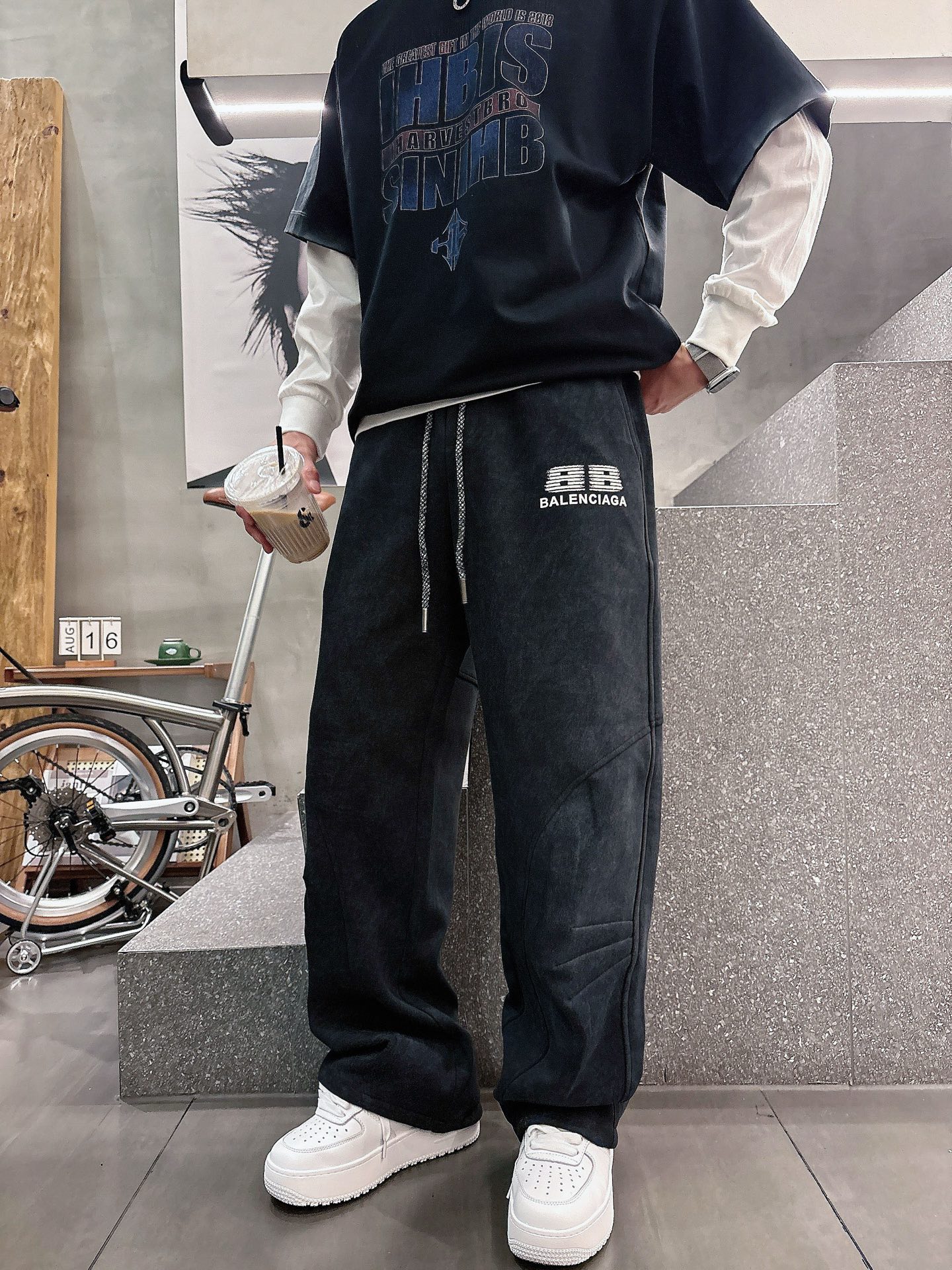 巴黎世家高仿做舊水洗寬鬆運動長褲 潮流百搭直筒休閒褲