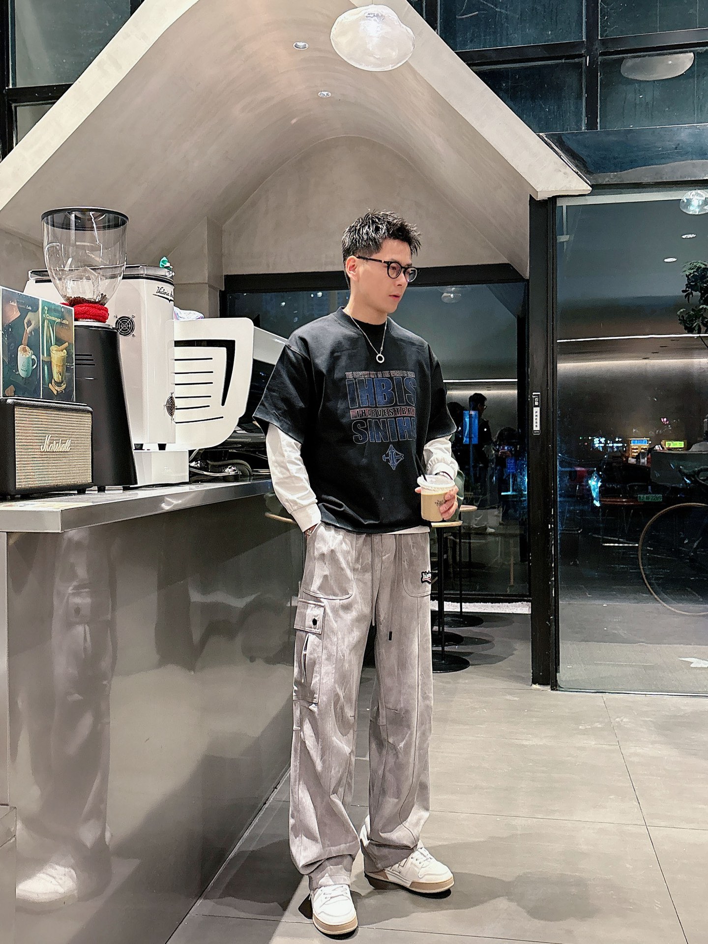 巴黎世家一比一灰色做舊工裝運動長褲 寬鬆直筒潮流褲