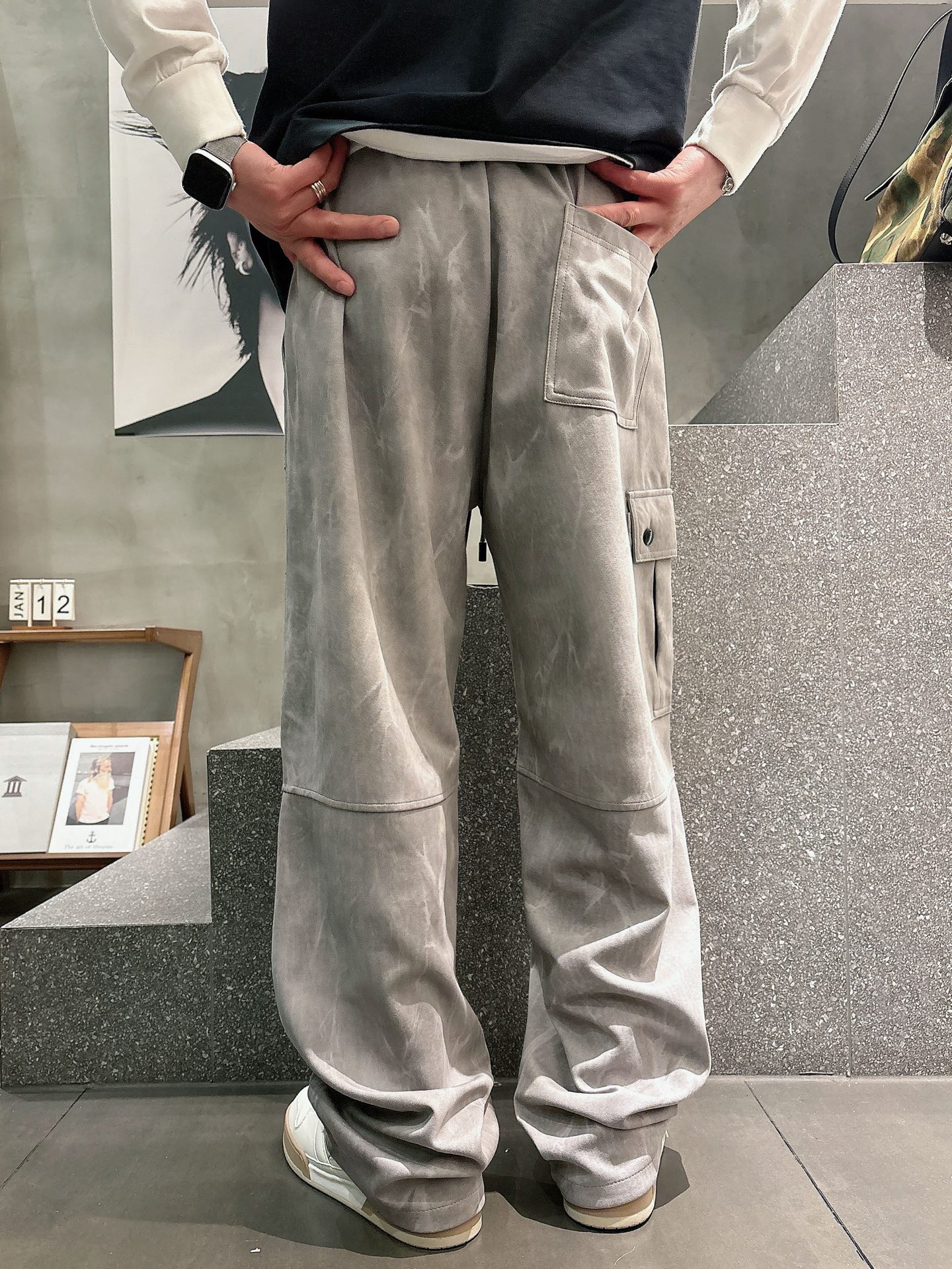巴黎世家一比一灰色做舊工裝運動長褲 寬鬆直筒潮流褲