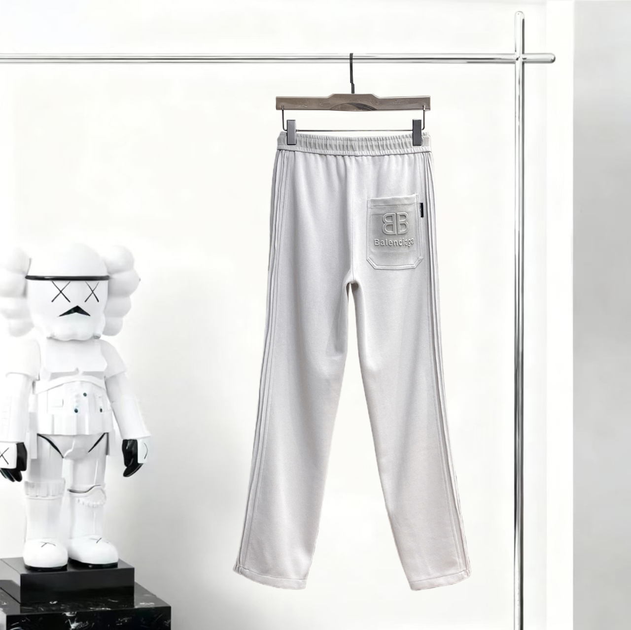 巴黎世家原單簡約側線長褲 淺灰寬鬆直筒運動休閒褲