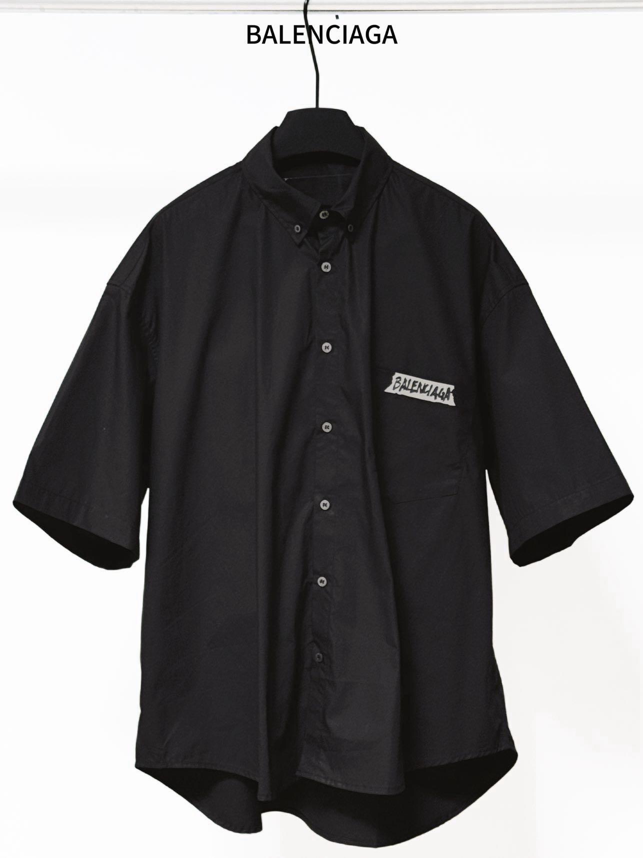 Balenciaga A貨襯衫 男款黑色貼布LOGO短袖寬鬆襯衣