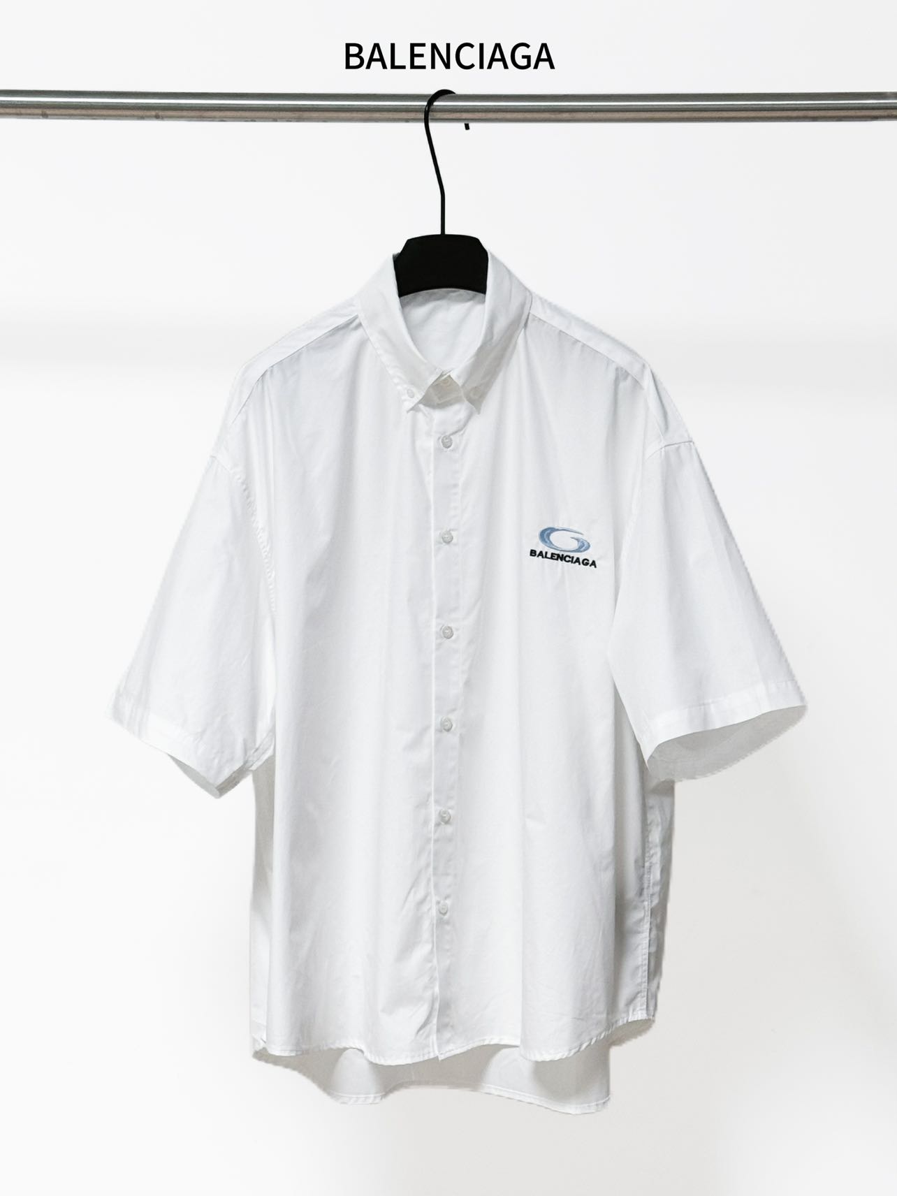 Balenciaga 一比一襯衫 男款白色刺繡LOGO短袖休閒襯衣