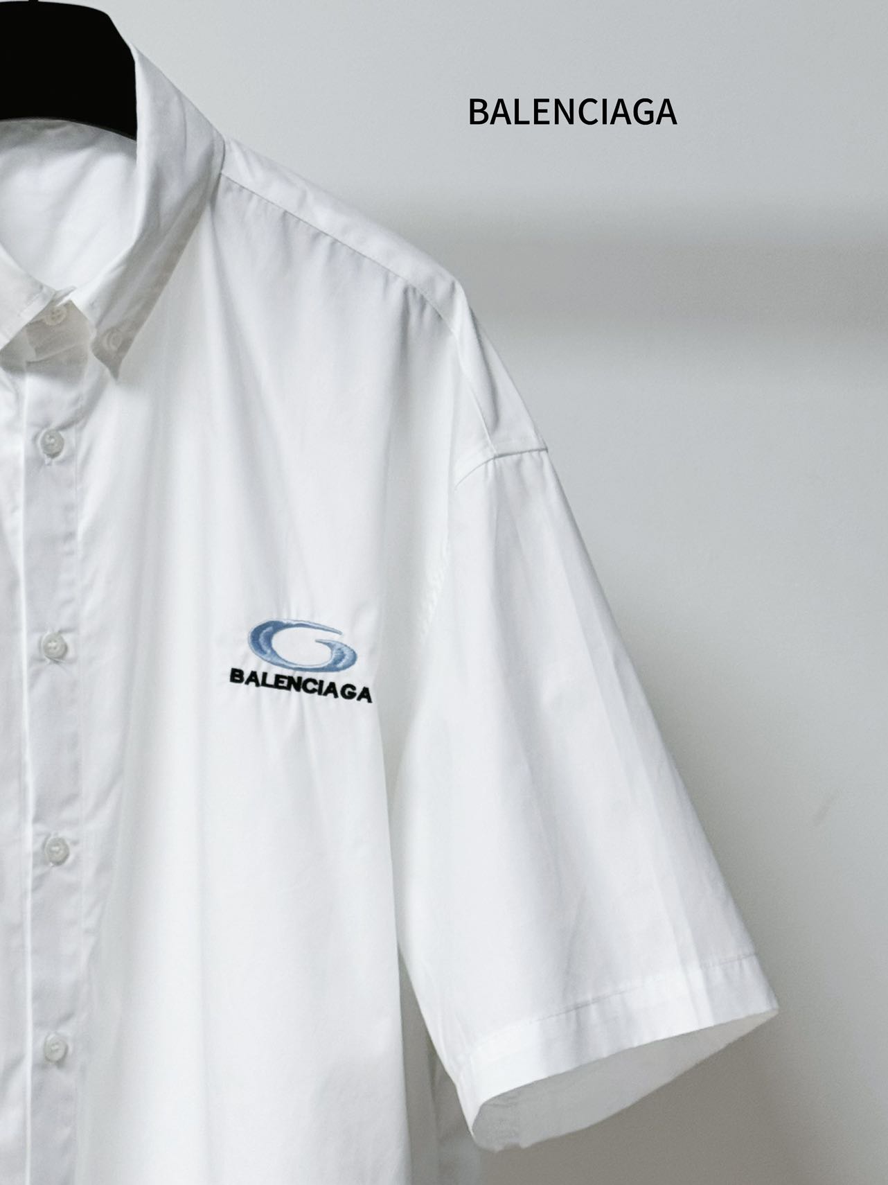 Balenciaga 一比一襯衫 男款白色刺繡LOGO短袖休閒襯衣