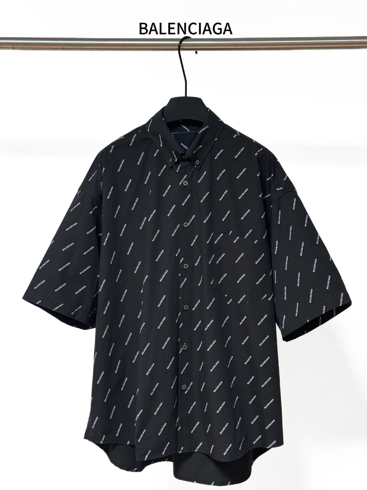 Balenciaga A貨襯衫 男款黑色滿印LOGO短袖寬鬆襯衣