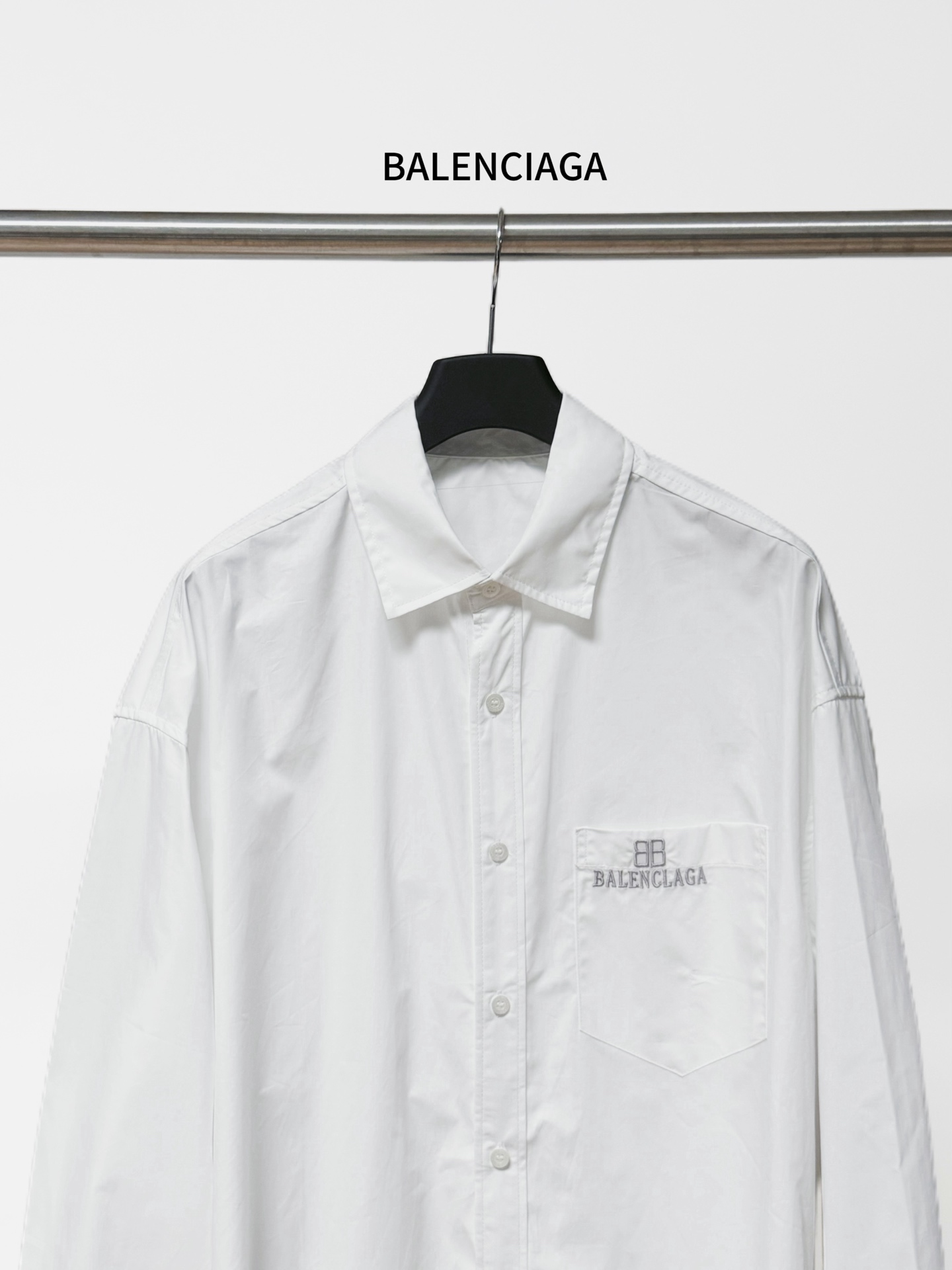 Balenciaga 一比一襯衫 男款白色長袖LOGO口袋寬鬆襯衣