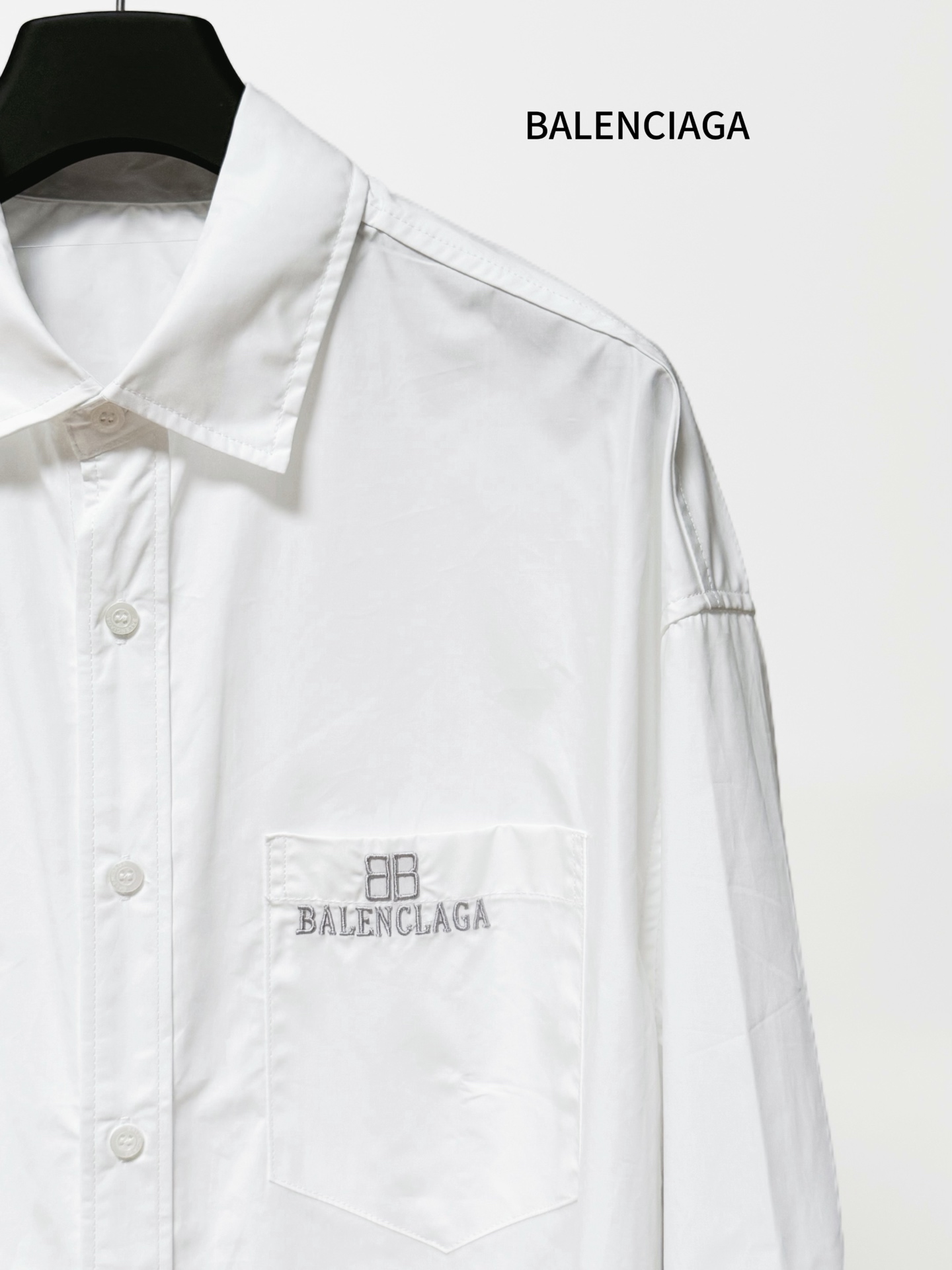 Balenciaga 一比一襯衫 男款白色長袖LOGO口袋寬鬆襯衣