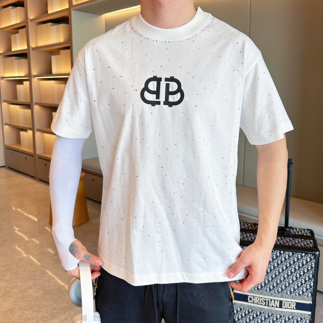 Balenciaga 高仿T恤 男款白色滿鑽BB LOGO寬鬆短袖上衣