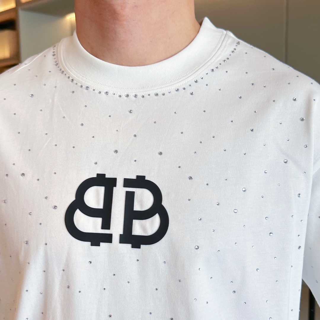 Balenciaga 高仿T恤 男款白色滿鑽BB LOGO寬鬆短袖上衣| 8 Balenciaga 高仿T恤 男款白色滿鑽BB LOGO寬鬆短袖上衣