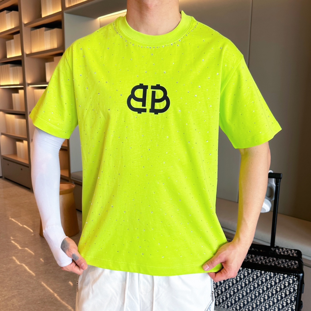 Balenciaga 原單T恤 男款螢光黃滿鑽BB LOGO寬鬆短袖