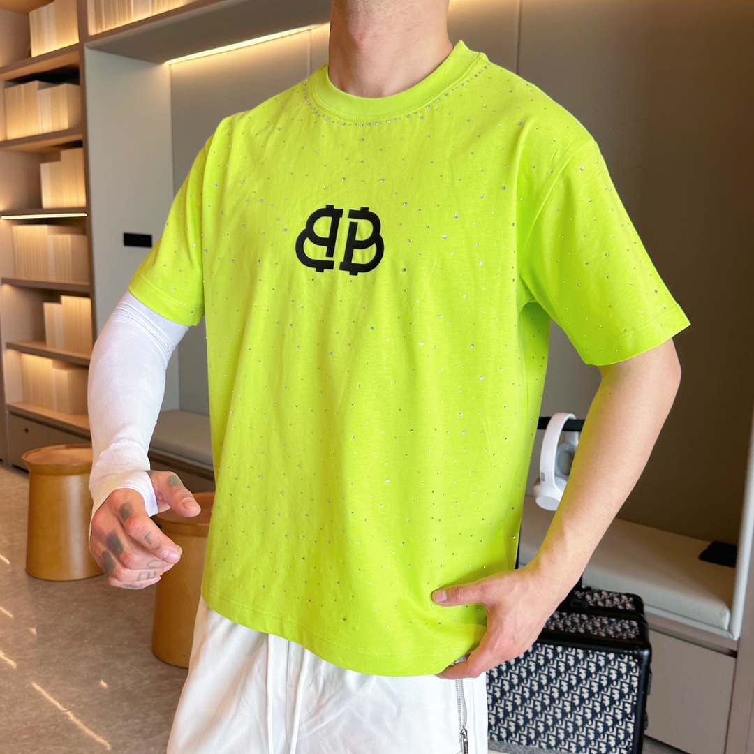 Balenciaga 原單T恤 男款螢光黃滿鑽BB LOGO寬鬆短袖| 11 Balenciaga 原單T恤 男款螢光黃滿鑽BB LOGO寬鬆短袖