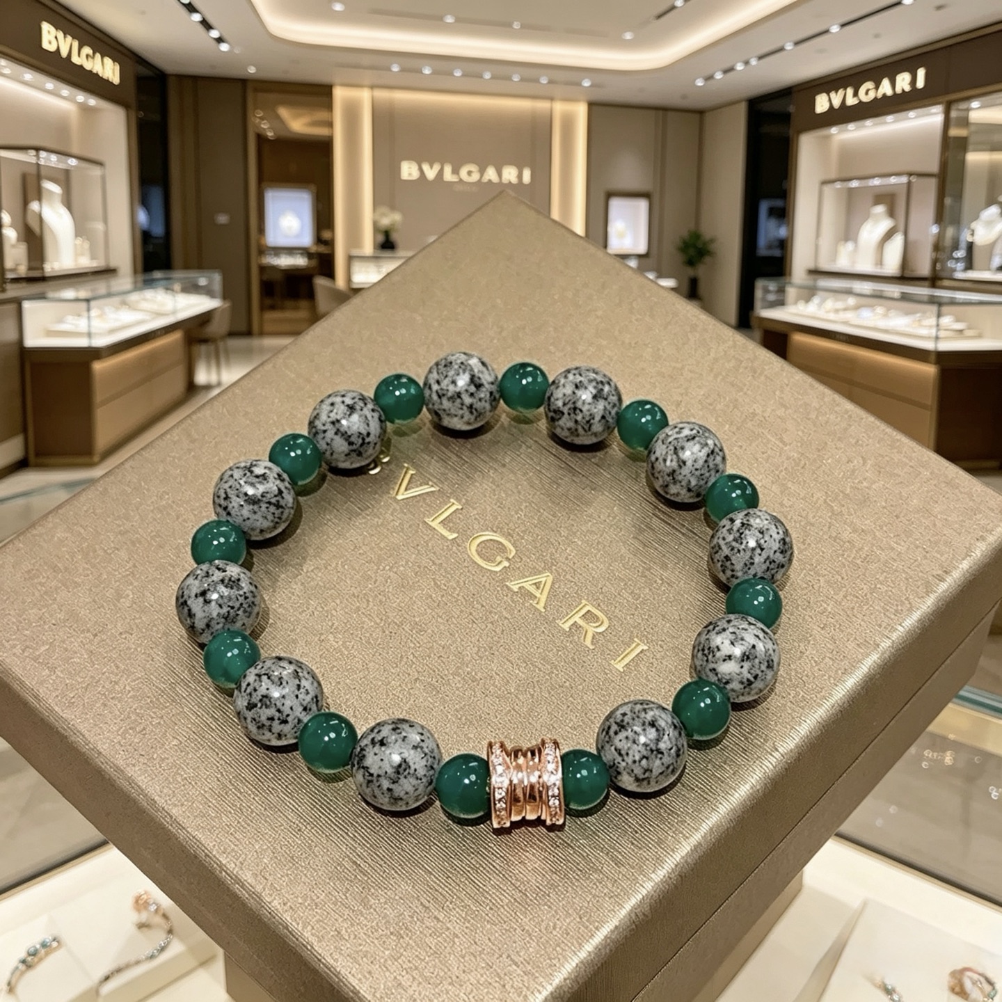 BVLGARI 原單 綠灰玉石串珠手鍊 鑲鑽隔珠設計 氣質款