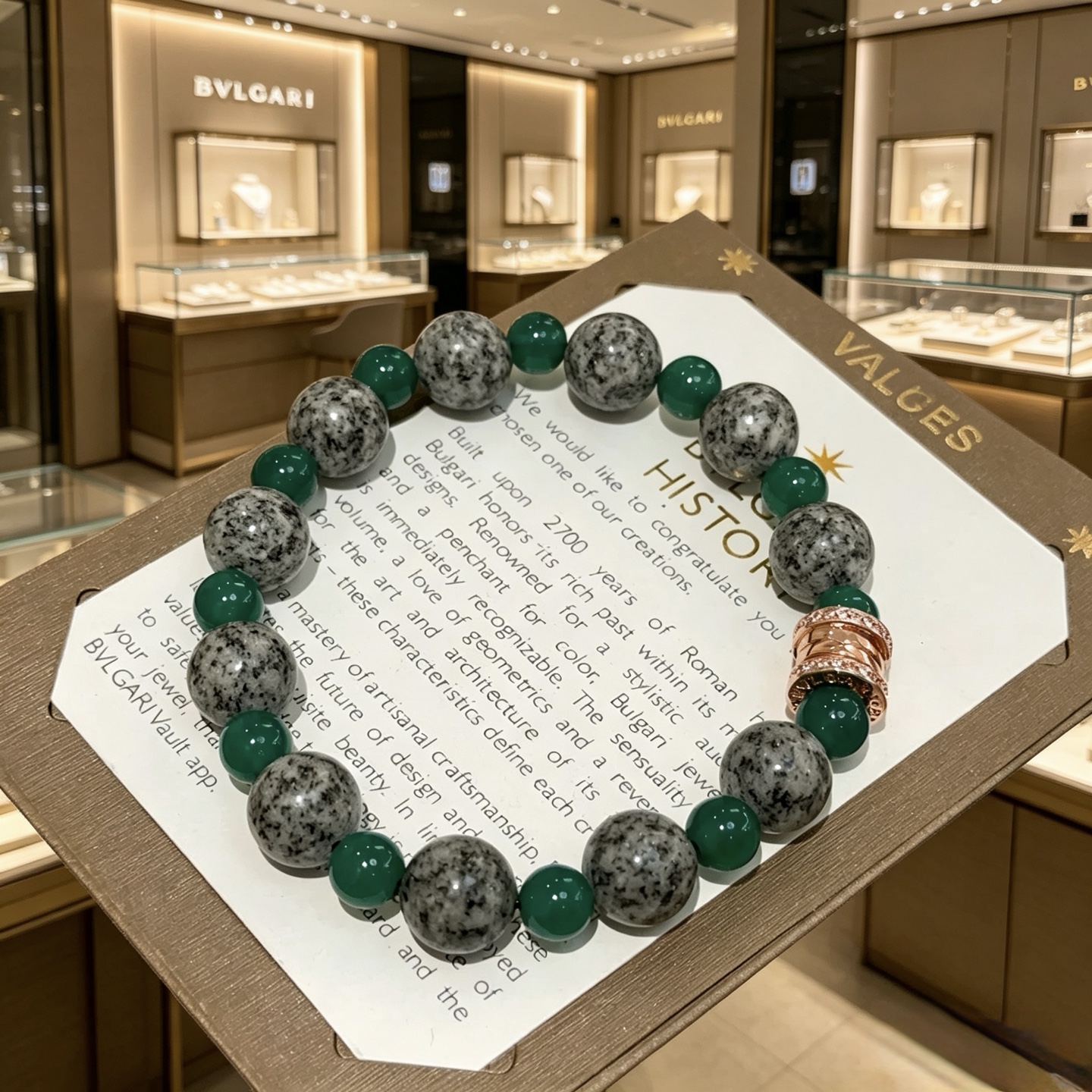 BVLGARI 原單 綠灰玉石串珠手鍊 鑲鑽隔珠設計 氣質款