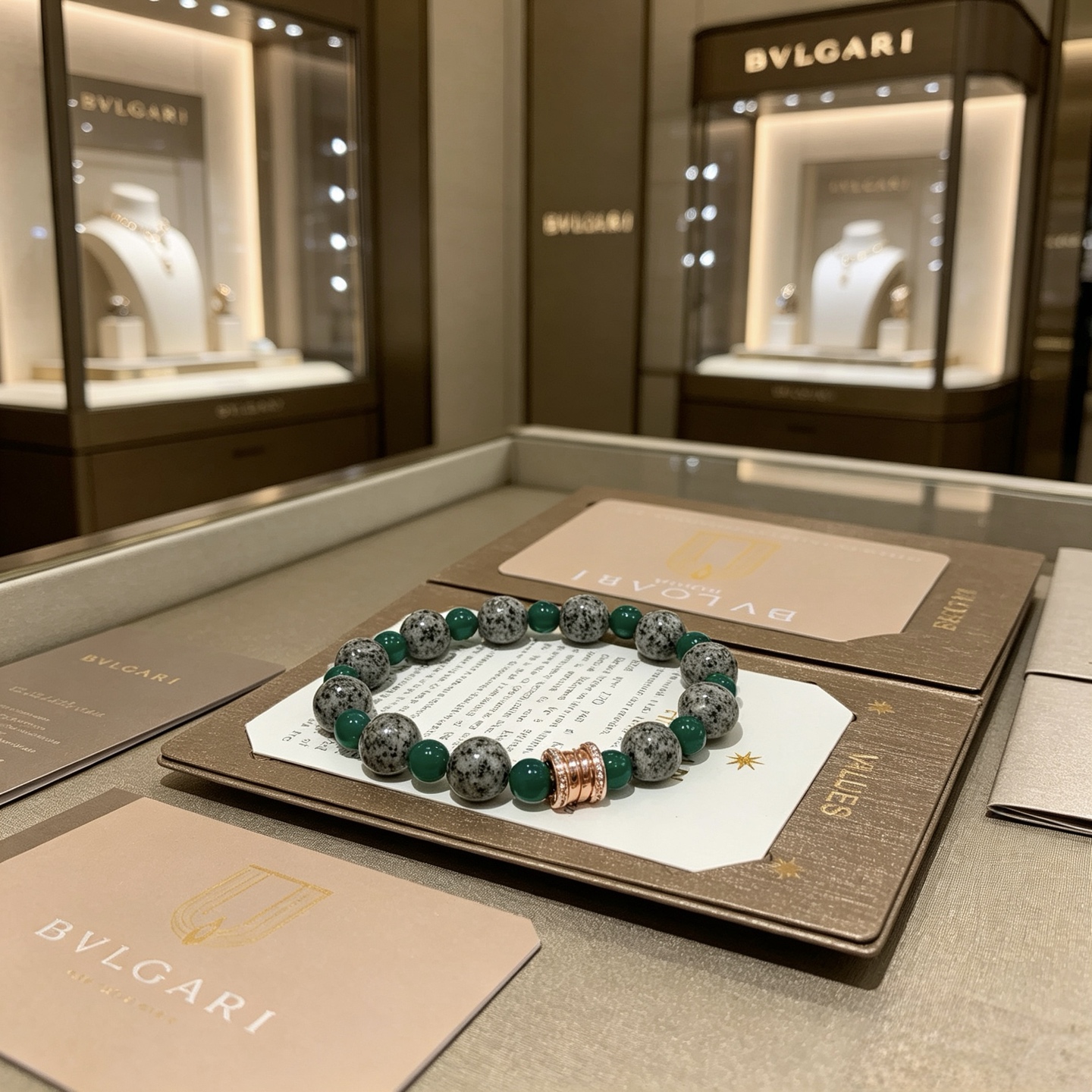 BVLGARI 原單 綠灰玉石串珠手鍊 鑲鑽隔珠設計 氣質款