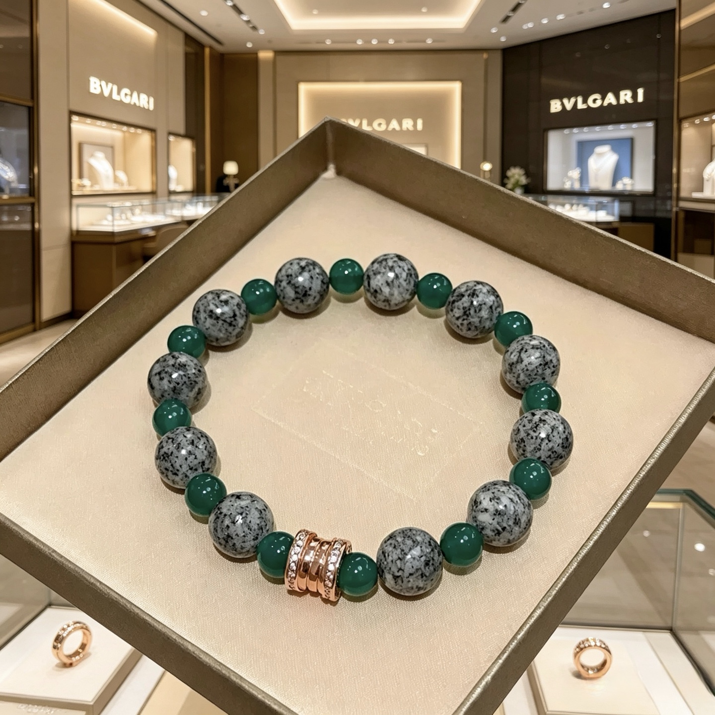 BVLGARI 原單 綠灰玉石串珠手鍊 鑲鑽隔珠設計 氣質款